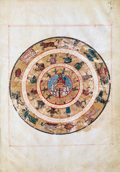 El carro del Sol y los signos del Zodiaco, miniatura de un manuscrito de la Alta Edad Media, tabla astronómica de Ptolomeo (ca 100-175), civilización helenística de Unbekannt Unbekannt