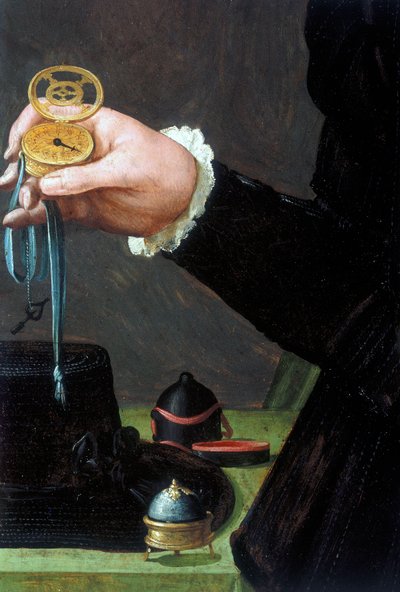 (detalle) Retrato de un hombre sosteniendo un reloj, c 1558 de Unbekannt Unbekannt