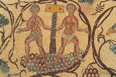 Prensa de vino, detalle de mosaico de piso con escenas de la vida cotidiana, Iglesia de los Santos Lot y Procopio, Nebo, Khirbet al-Mukhayyat, Jordania, civilización bizantina, siglo VI d.C. de Unbekannt Unbekannt