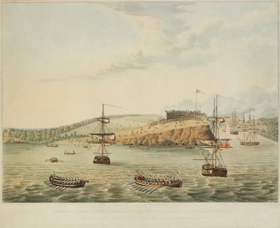 Ataque al Fuerte Oswego, Lago Ontario, N. América. 6 de Mayo de 1814, Mediodía, y Asalto al Fuerte Oswego por el Segundo Batallón de los Marines Reales y un Grupo de Marineros, 15 Minutos Pasadas las Doce del Mediodía, grabado por R. Havell de Lieutenant J. Hewitt