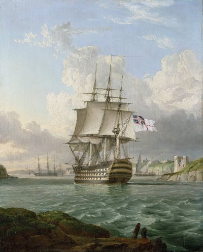 El HMS "Britannia", buque de 120 cañones, construido en 1820, sale de un puerto del Mediterráneo, probablemente el de Malta de Lieutenant Robert Strickland Thomas