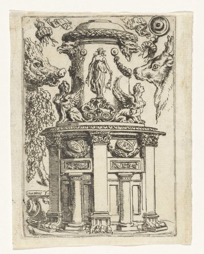 Edificio redondo con cabeza de jabalí arriba a la izquierda Divertimenti di Livio Meus (título de la serie) de Lieven Mehus