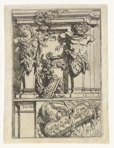 Dos cariátides, una flauta de pan, un arco y una flecha y un escudo Divertimenti di Livio Meus (título de la serie) de Lieven Mehus
