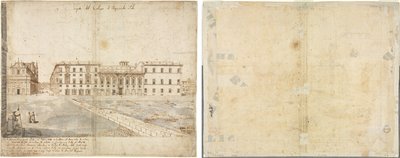 Dieciocho vistas de Roma: El Collegio di Propaganda Fide (recto); Bocetos de ventanas y pilastras del piso ático del Collegio di Propaganda Fide (verso) de Lievin Cruyl