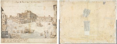 Dieciocho vistas de Roma: La Piazza Barberini (recto); Trazado de una fuente del recto y bocetos de dos caras (verso) de Lievin Cruyl