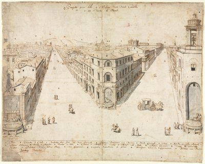 Dieciocho vistas de Roma: Las Cuatro Fuentes mirando hacia Monte Cavallo, 1665 de Lievin Cruyl