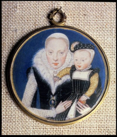 Retrato en miniatura de Lady Katherine Seymour, de soltera Grey, con su hijo y usando la miniatura de su esposo, c.1562 de Lievine Teerlink
