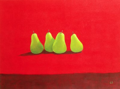 Peras sobre tela roja de Lincoln Seligman