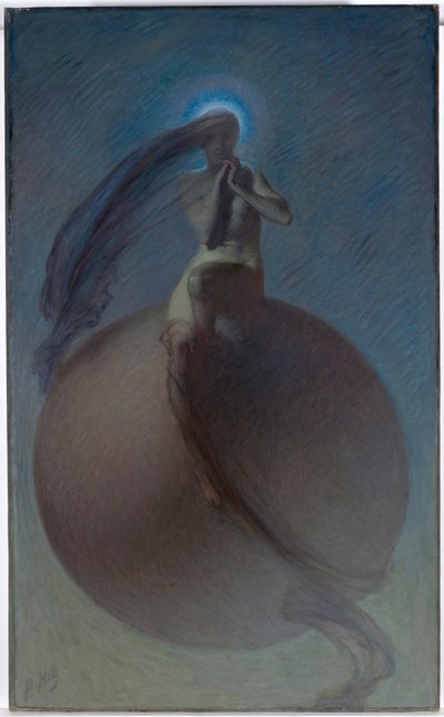 "La quete" (La búsqueda) Representación onírica, silueta femenina sobre un globo terráqueo - Pintura de Lindsay Bernard Hall (1859-1935) vers 1905 - Óleo sobre lienzo Dim 154x94,5 cm National Gallery of Australia, Canberra de Lindsay Bernard Hall