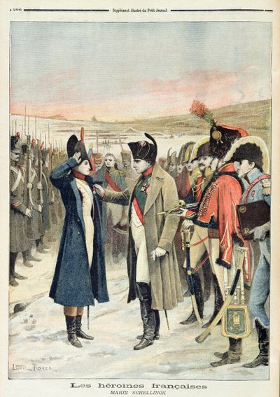 Napoleón Bonaparte (1769-1821) presentando la medalla a la oficial femenina, Marie Schellinck, en el campo de batalla, ilustración de 