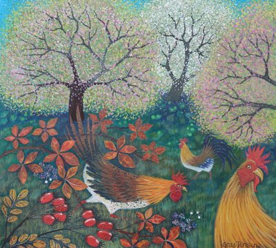 Gallinas de Pascua, 2024 (acrílicos sobre papel) de Lisa Graa Jensen