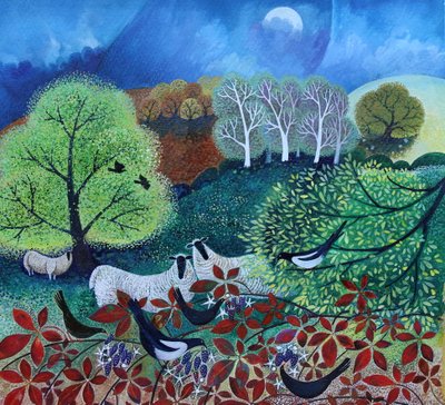 Fruit Peckers, 2021 (acrílicos sobre papel) de Lisa Graa Jensen