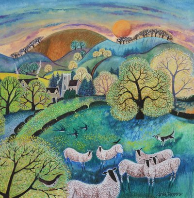 Ovejas pastando, 2021 (acrílicos sobre papel) de Lisa Graa Jensen