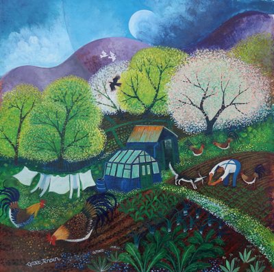 Primavera en el huerto, 2025 (acrílicos sobre lino) de Lisa Graa Jensen
