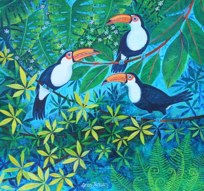 Trío de tucanes, 2024 (acrílicos sobre lino) de Lisa Graa Jensen