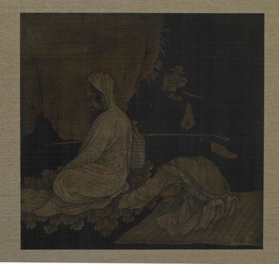 Bodhidharma meditando, con asistente postrado, dinastía Qing de Liu Hualiang