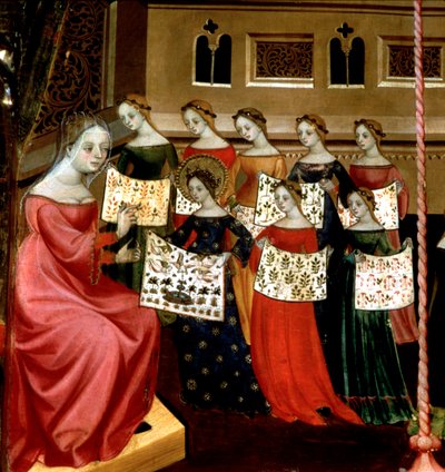 La Virgen María con sus compañeras mostrando los muestrarios de costura a su maestra, detalle del Retablo de la Virgen y San Jorge, c.1390-1400 (temple sobre tabla) de Lluís Borrassà