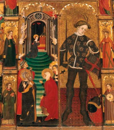 Época gótica. Retablo de La Virgen y San Jorge (Sant Jordi), de Lluis Borrassa (1360-1426). Pintura en madera. Obra realizada en Barcelona hacia 1390-1400. Detalle, Presentación de María en El Templo y San Jorge (Sant Jordi / San Jorge) como caballero. Con de Lluís Borrassà