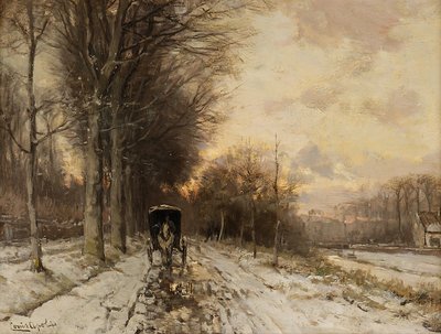 Un carro tirado por caballos en un camino nevado (óleo sobre tabla) de Lodewijk Frederik Hendrik (1850-1936) Apol