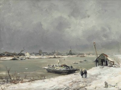 Un cruce de ferry cerca de Wijk bij Duurstede en invierno de Lodewijk Frederik Hendrik Apol