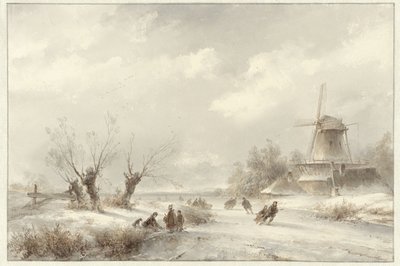 Paisaje invernal con patinadores sobre hielo cerca de un molino de Lodewijk Johannes Kleijn