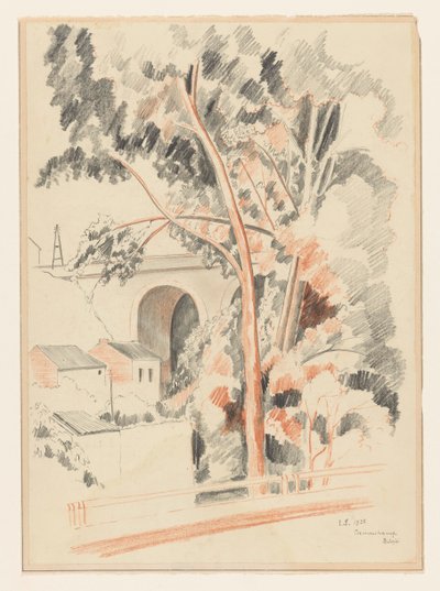 Casas y árboles bajo un viaducto en Remouchamps de Lodewijk Schelfhout (signed by artist)