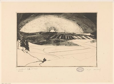 Sol naciente o poniente sobre un paisaje montañoso La Bruyere (título original del objeto) de Lodewijk Schelfhout (signed by artist)