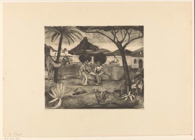 Dos hombres cargando a un hombre en un jardín de Lodewijk Schelfhout (signed by artist)