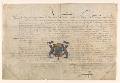 Diploma por el que Luis XIV elevó a Cornelis Lampsins a Barón de Tobago y Caballero de la Orden de San Miguel de Lodewijk XIV (koning van Frankrijk) (signed by artist)