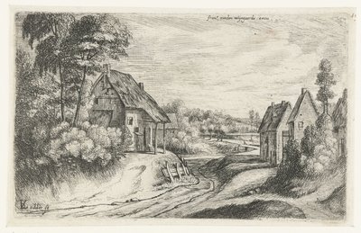 Paisaje con dos granjas a lo largo de una carretera de Lodewijk de Vadder