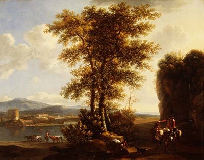 Un paisaje fluvial arbolado de estilo italiano con viajeros en un camino, un pastor con ganado y una ciudad al fondo de Lodewyck van Ludick