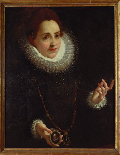 Retrato de una dama sosteniendo un retrato en miniatura de un caballero de Lodovico Carracci