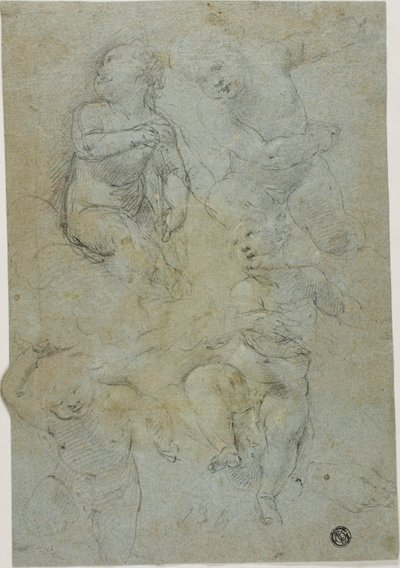 Bocetos de cuatro putti (anverso); eclesiástico arrodillado (reverso) de Lodovico Carracci