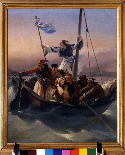 Griegos en un barco Alegoría de la marcha de Grecia hacia la independencia tras la dominación otomana y la Guerra de la Independencia griega (1821-1830) o Revolución griega. Pintura de Ludovico Lipparini (1800-1856) 1848 Verone de Lodovico Lipparini
