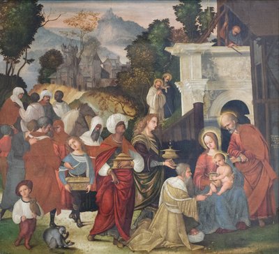 Adoración de los Reyes Magos con los santos Bernardo y Alderic en el paisaje de Lodovico Mazzolino