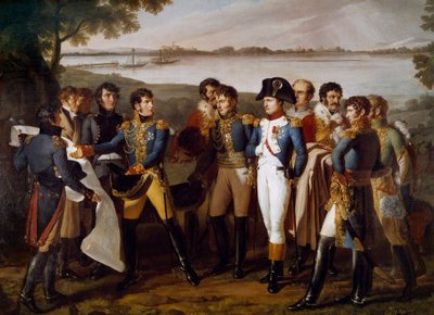Napoleón I ordenó construir un puente sobre el Danubio en Ebersdorf el 19 de mayo de 1809. El general Henri Gatien Bertrand presenta los planos del puente para pasar por la isla de Lobau. Detalle. Pintura de Ludovico Venuti de Lodovico Venuti
