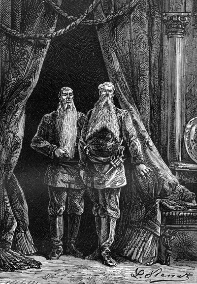 Dibujo de Leon Benett, del libro de Julio Verne "Los 500 millones de la Begum" - edición Hetzel/Extraordinary Voyages 1879. Aspecto de Arminius y Sigimer, dos impresionantes barbudos. de Léon Benett
