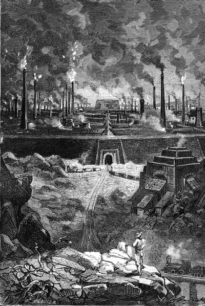 Dibujo de Leon Benett, del libro de Julio Verne "Los 500 millones de la Begum" - edición Hetzel/Extraordinary Voyages 1879. Vista de la "Ciudad del Acero", gigantesco conjunto de fábricas (altos hornos - fundiciones de acero). de Léon Benett