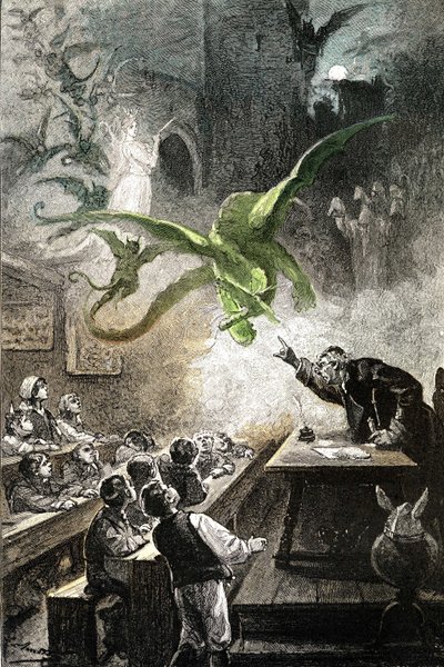 Ilustración de la novela de Jules Verne "Le chateau des Carpathes", edición Hetzel/Voyages extraordinaire 1892, dibujo de Leon Benett. El magister Hermod evoca el castillo con dragones, honorarios, demonios, espectros, revenants... de Léon Benett