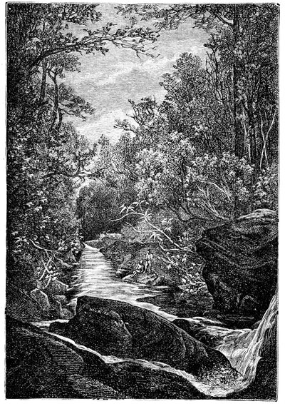 Arroyo de montaña con rocas y cascada en medio de un bosque. Dibujo de Leon Benett gravado por Meaulle para la edición Hetzel del libro de Elysee (Elisee) Reclus (1830-1905) "Histoire d