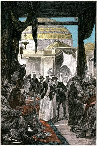 El bazar de Samarcanda (actualmente Samarcanda o Samarcanda en Uzbekistán), ilustración de la novela de Julio Verne "Claudius Bombarnac" edición Hetzel 1892 - Dibujo de Leon Benett (Hippolyte Leon Benet de Léon Benett