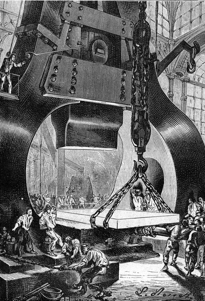 dibujo de Leon Benett, del libro de Julio Verne "Los 500 millones de la Begum" - edición Hetzel/Extraordinary Voyages 1879. tamborilero (tamborilero) trabajando en una fundición de acero. de Léon Benett