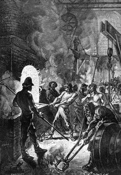 Dibujo de Leon Benett, del libro de Julio Verne "Los 500 millones de la Begum" - edición Hetzel/Extraordinary Voyages 1879. Un equipo de pudeladores trabajando en una fundición de acero - lingotes de hierro fundido lanzados al horno. de Léon Benett