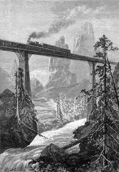 Dibujo de Leon Benett, del libro de Julio Verne "Los 500 millones de la Begum" - edición Hetzel/Extraordinary Voyages 1879. Tren de vapor pasando por un atrevido puente, en un paisaje montañoso con torrente. de Léon Benett