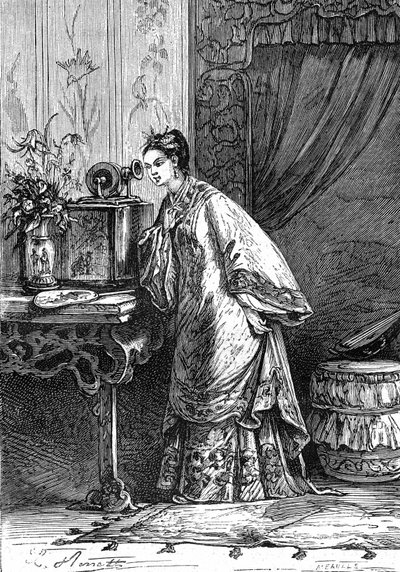 Dibujo de Leon Benett, del libro de Julio Verne "Las tribulaciones de un chino en China" - edición Hetzel/Viajes extraordinarios 1879. Una joven china escucha un mensaje grabado en un fonógrafo. de Léon Benett
