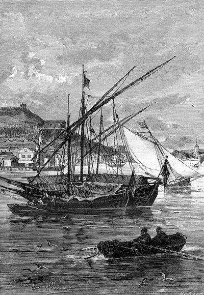 Ilustración de la novela de Julio Verne "Keraban el terco", colección Hetzel/viajes extraordinarios 1883. Dibujo de Leon Benett: el puerto de Kertsch (Crimea), en el estrecho de Iénikale, entre el mar Negro y el mar de Azof. de Léon Benett