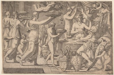 Venus y Marte servidos por Cupido y las Tres Gracias de Léon Davent, after Luca Penni