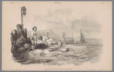 Tres niños jugando en una bahía. Representaciones de la vida rural (título de la serie) La Campaña. Etudes varieés aux deux Crayons (título de la serie sobre el objeto) de Léon Jean Baptiste Sabatier