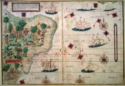 Mapa hidrográfico de Brasil - Manuscrito iluminado "Atlas náutico portugués" del cartógrafo Loppo Homem 1519 París. B.N. - Mapa hidrográfico de Brasil - Del manuscrito iluminado "Atlas náutico inglés" de Loppo Homem (siglo XVI) de Lopo Homem