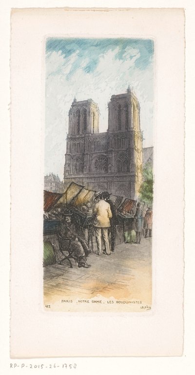 Vista de Notre Dame en París con libreros en primer plano
París Notre Dame les bouquinistes (título en el objeto) de Léopold Robin